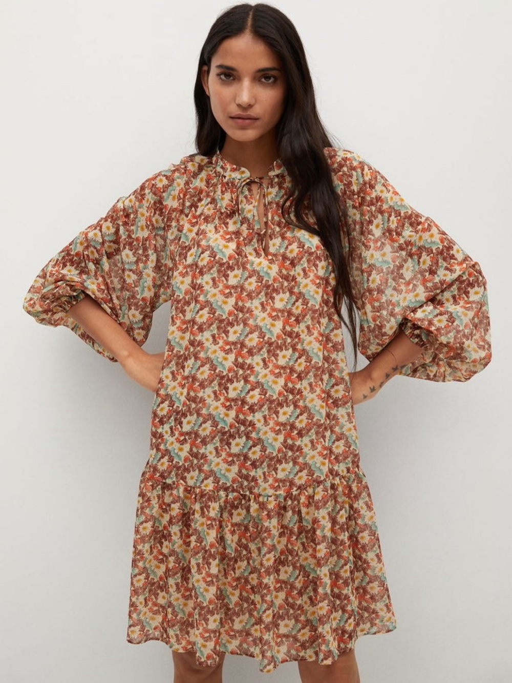 Mango Floral Chiffon Midi Dress Balloon Sleeve Tie Size Large Lined Boho